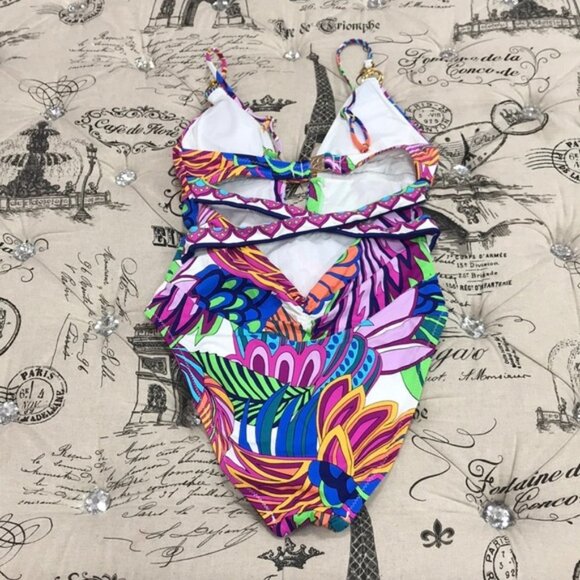 Trina Turk Paradise Plume Buckle Plunge Swimsuit - Picture 6 of 8